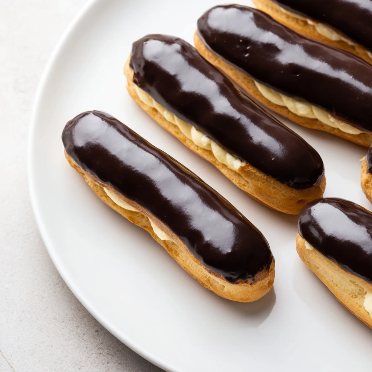 Golden-brown mini chocolate éclairs, arranged neatly, are filled with creamy vanilla for delicious bites.