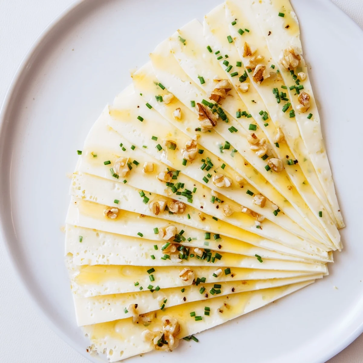 Artfully arranged Swiss cheese slices form a beautiful fan, ready for serving as a quick appetizer.
