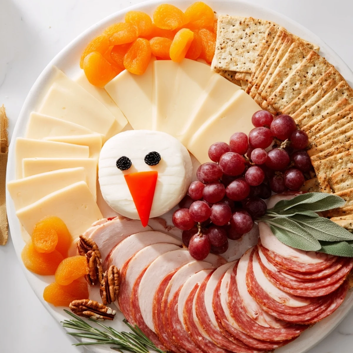 Thanksgiving Turkey Tail Fan appetizer featuring artfully arranged meats and cheeses, ready to serve and enjoy.