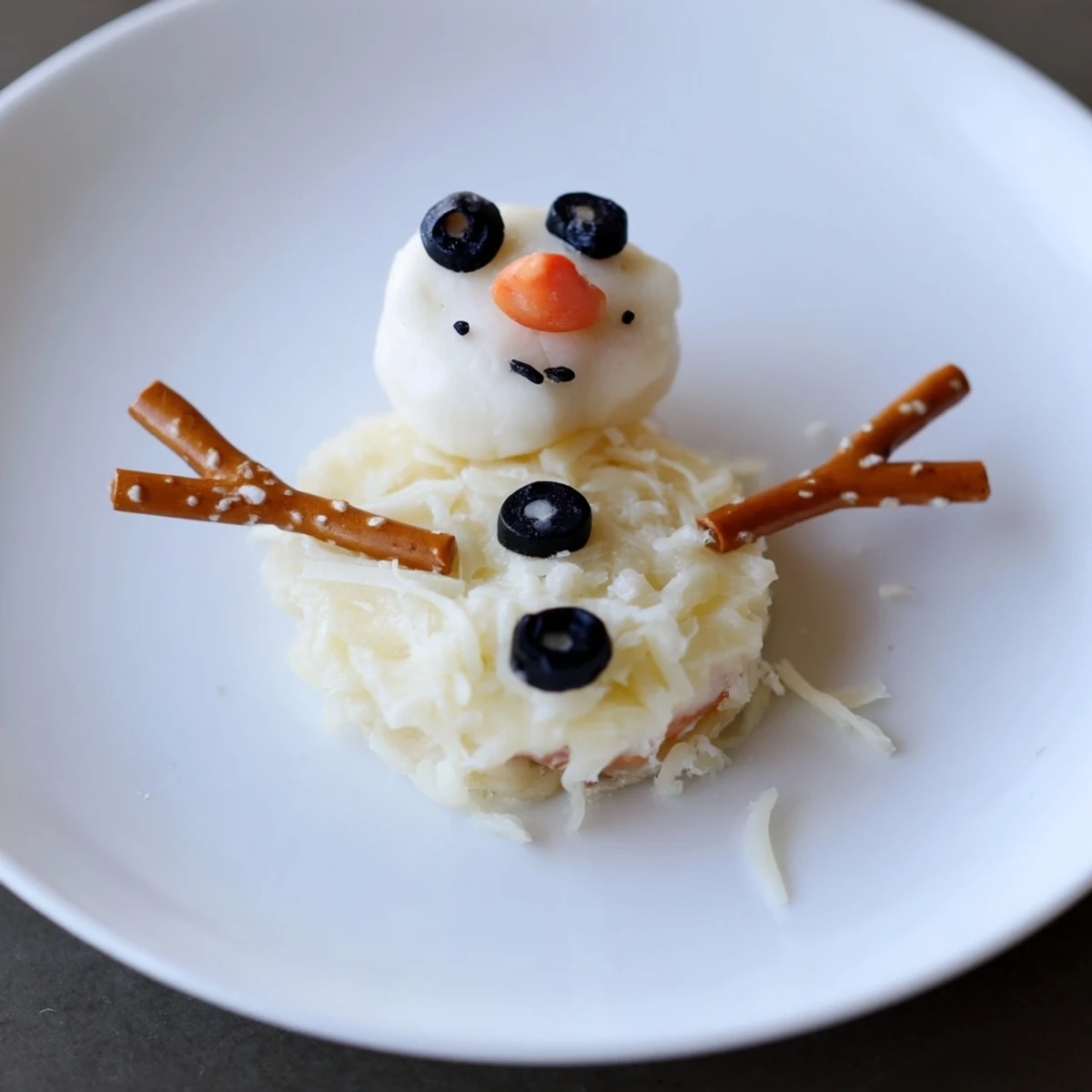 Melted snowman cheese bites featuring creamy cheese with black olive eyes and carrot noses served with crackers.