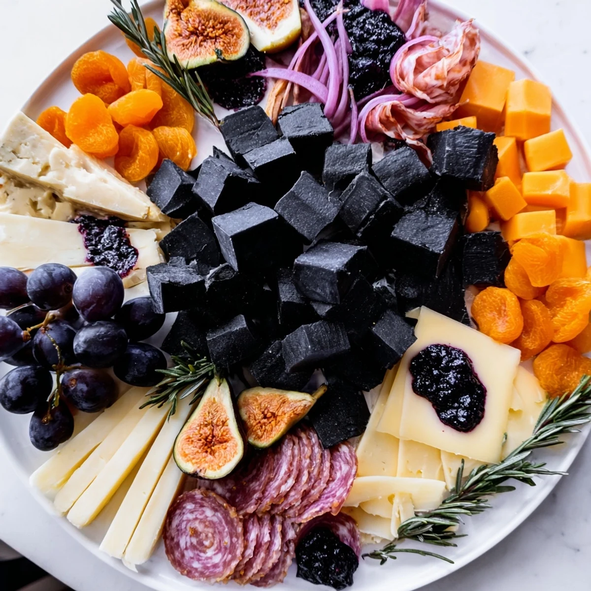 A visually stunning Ghostly Outline Halloween Charcuterie Board overflowing with black grapes and cheese!