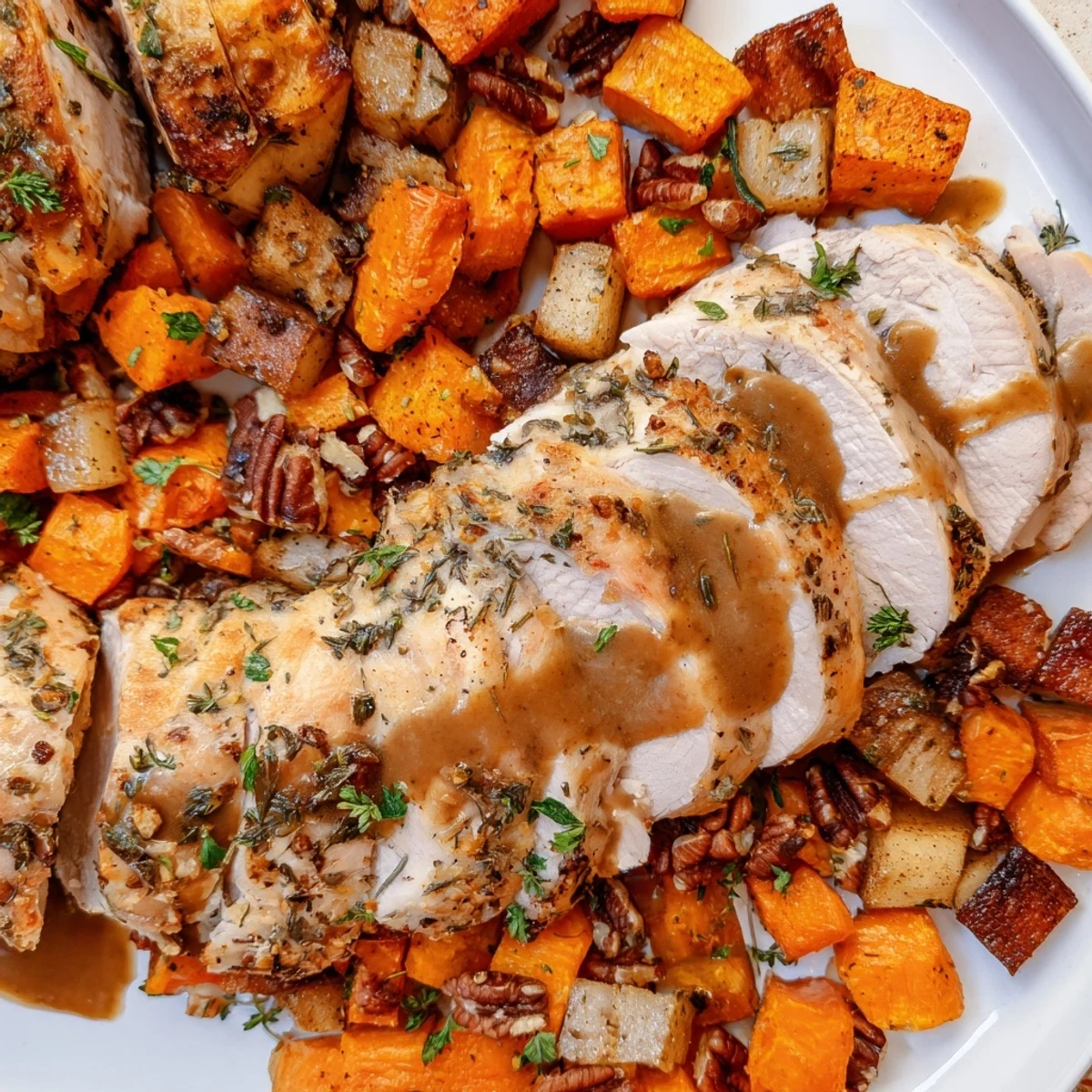 Savory Chains of the Mayflower Thanksgiving main dish with roasted turkey and root vegetables.