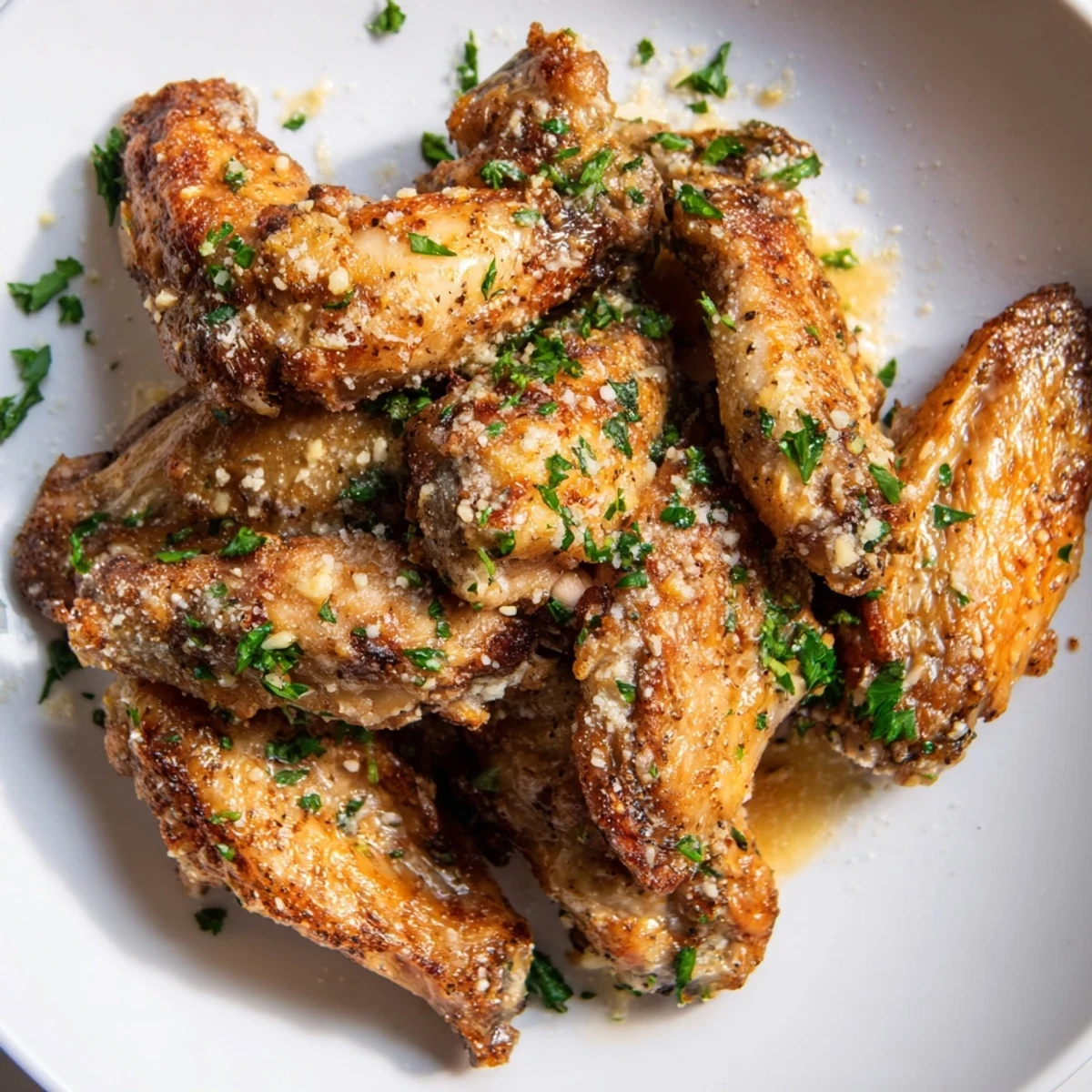 Golden, crispy air fryer garlic-Parmesan chicken wings, a savory appetizer with fresh herbs.