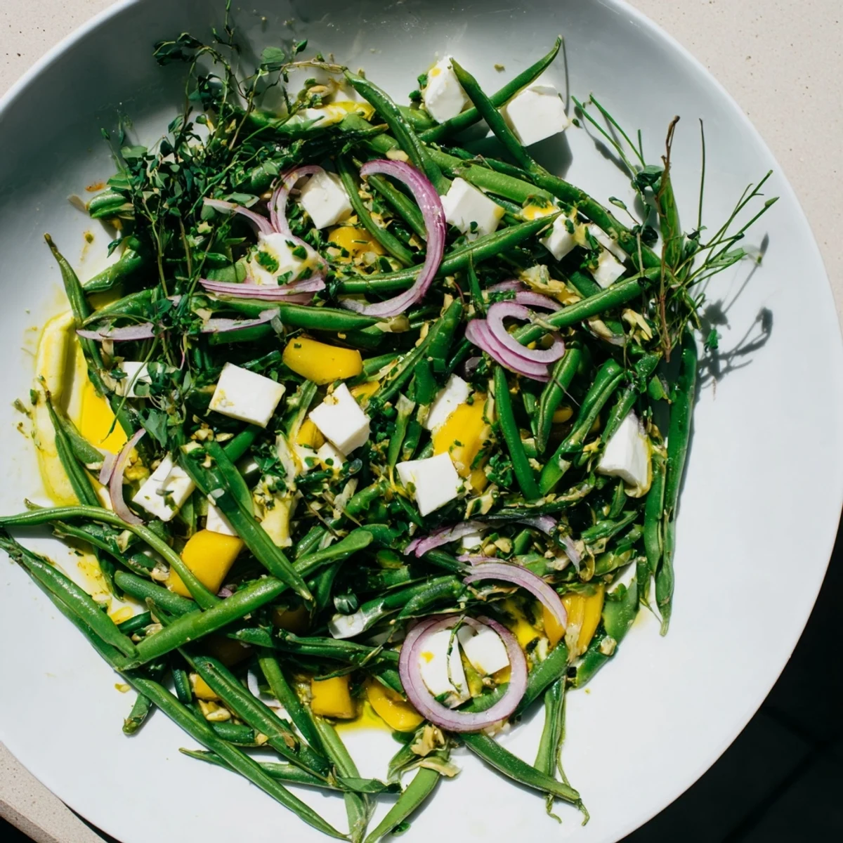 A refreshing English Ivy salad, featuring crisp green beans and snap peas topped with sharp white cheddar.