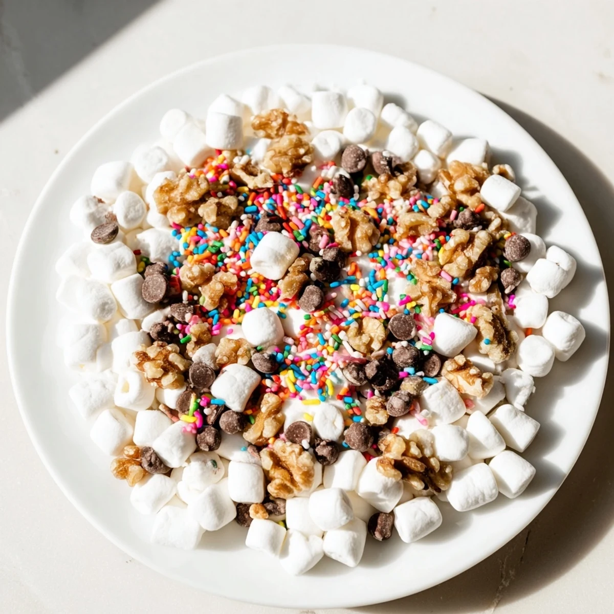 A close-up of the delicious Quick Dessert: Chocolate Chips and Mini Marshmallow heap, ready to eat.