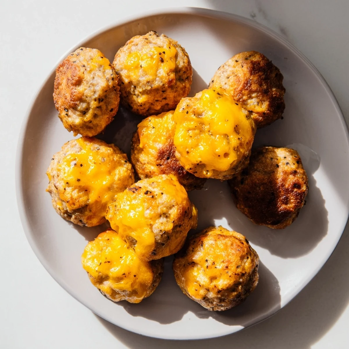 Golden brown Chicken and Sausage Bisquick Balls, perfect for serving with dipping sauces at your next party.