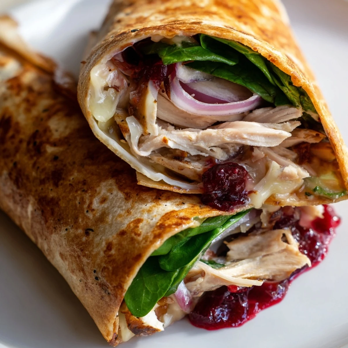 Savory Chicken and Brie Holiday Wrap, melty brie and chicken, toasted tortilla on a warm plate.