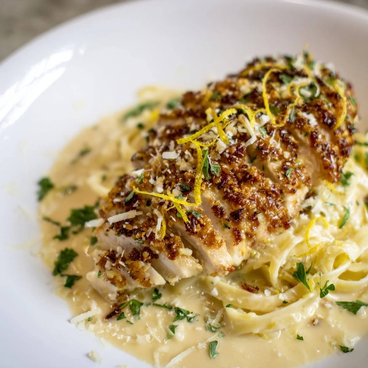 Close-up photo of pasta with Lemon Brûlée Chicken, showcasing the crispy sugar crust.