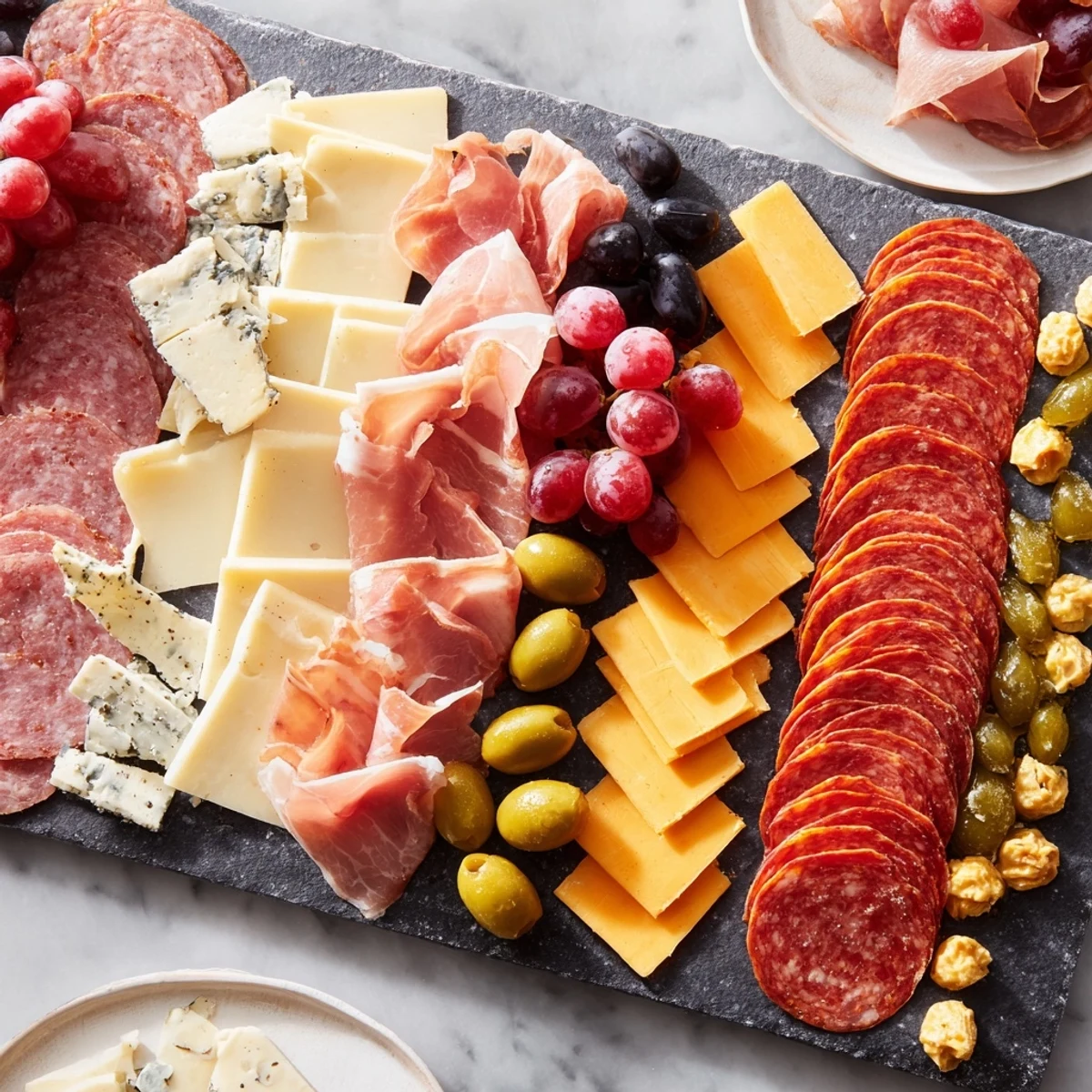Enjoy this stunning Industrial Slate platter featuring an array of flavorful meats, cheeses and garnishes.