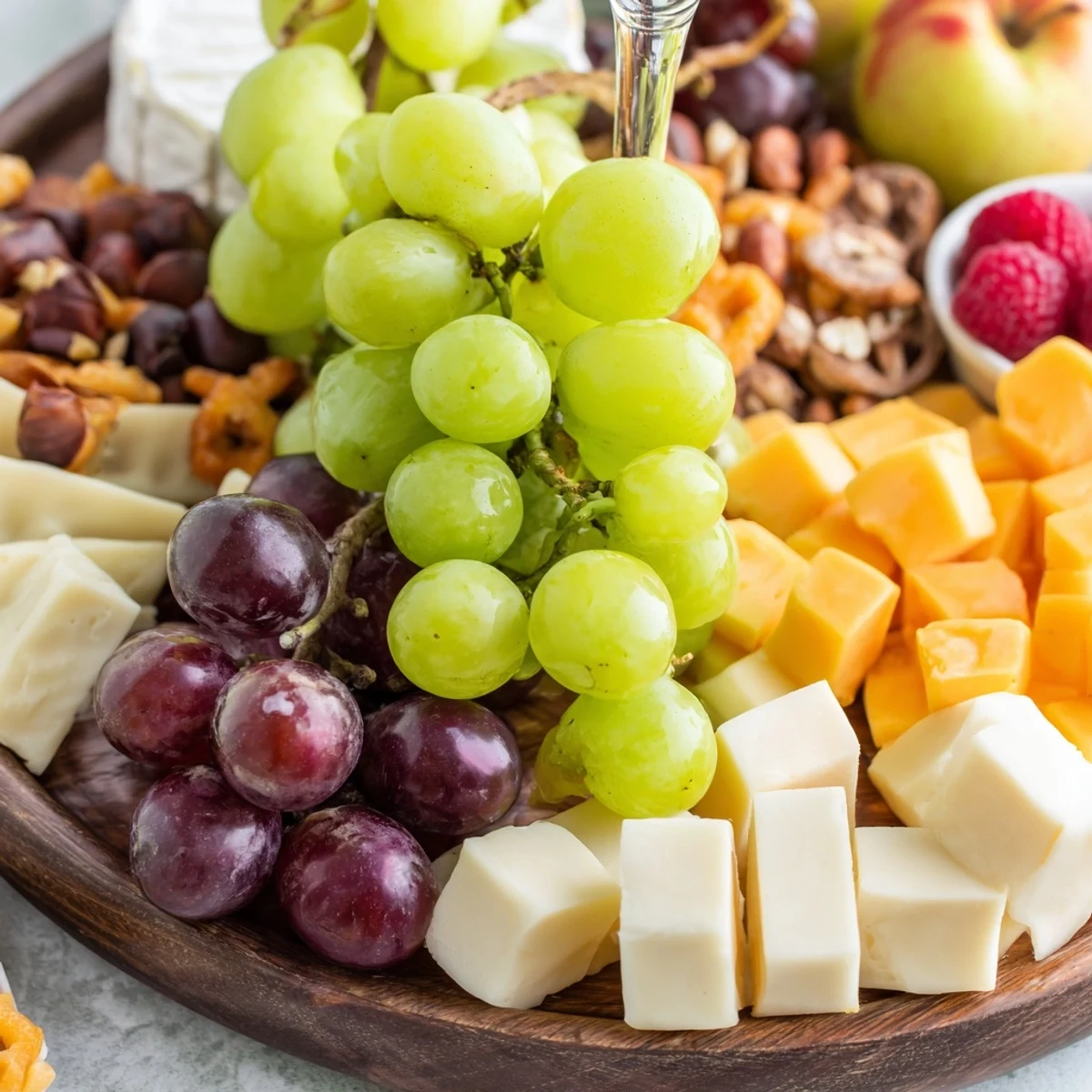 Champagne Waterfall Board overflowing with grapes, cheeses, and crackers; perfect for elegant entertaining.