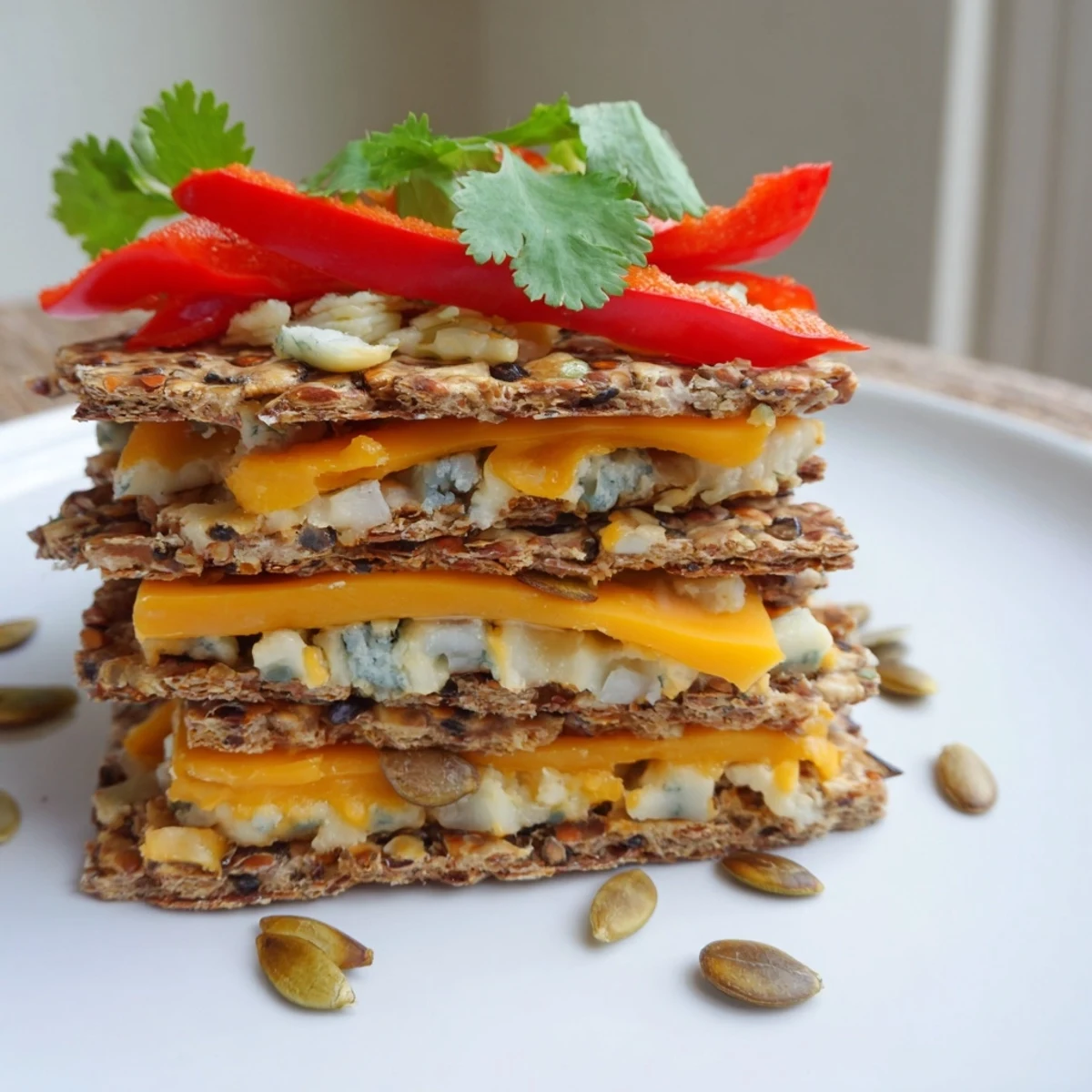 The Southwest Mesa appetizer: cheese towers with bell peppers and cilantro, ready to eat.