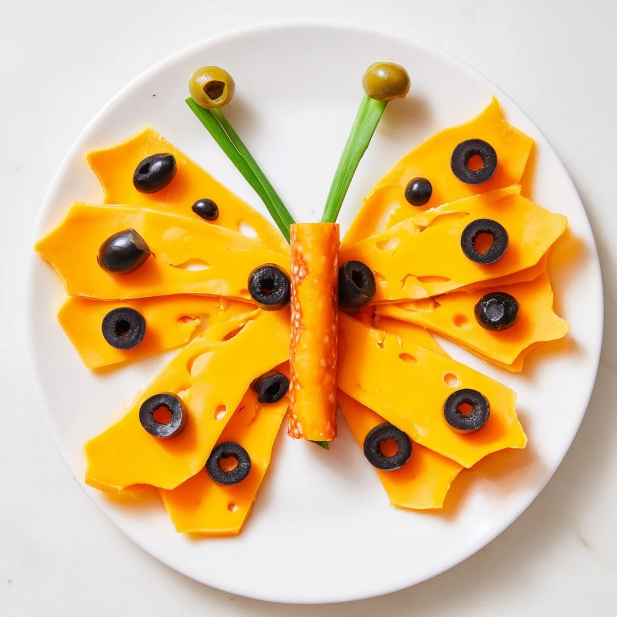 Colorful The Butterfly Migration is an easy party appetizer featuring cheese "wings" and olives for visual fun.