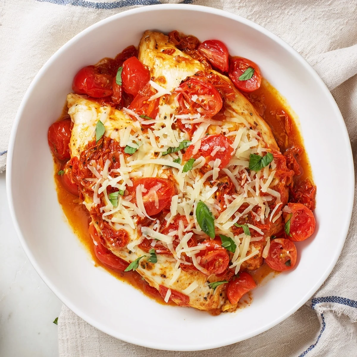 Golden-brown Marry Me Chicken, tender in creamy, sun-dried tomato sauce, dusted with Parmesan snow.