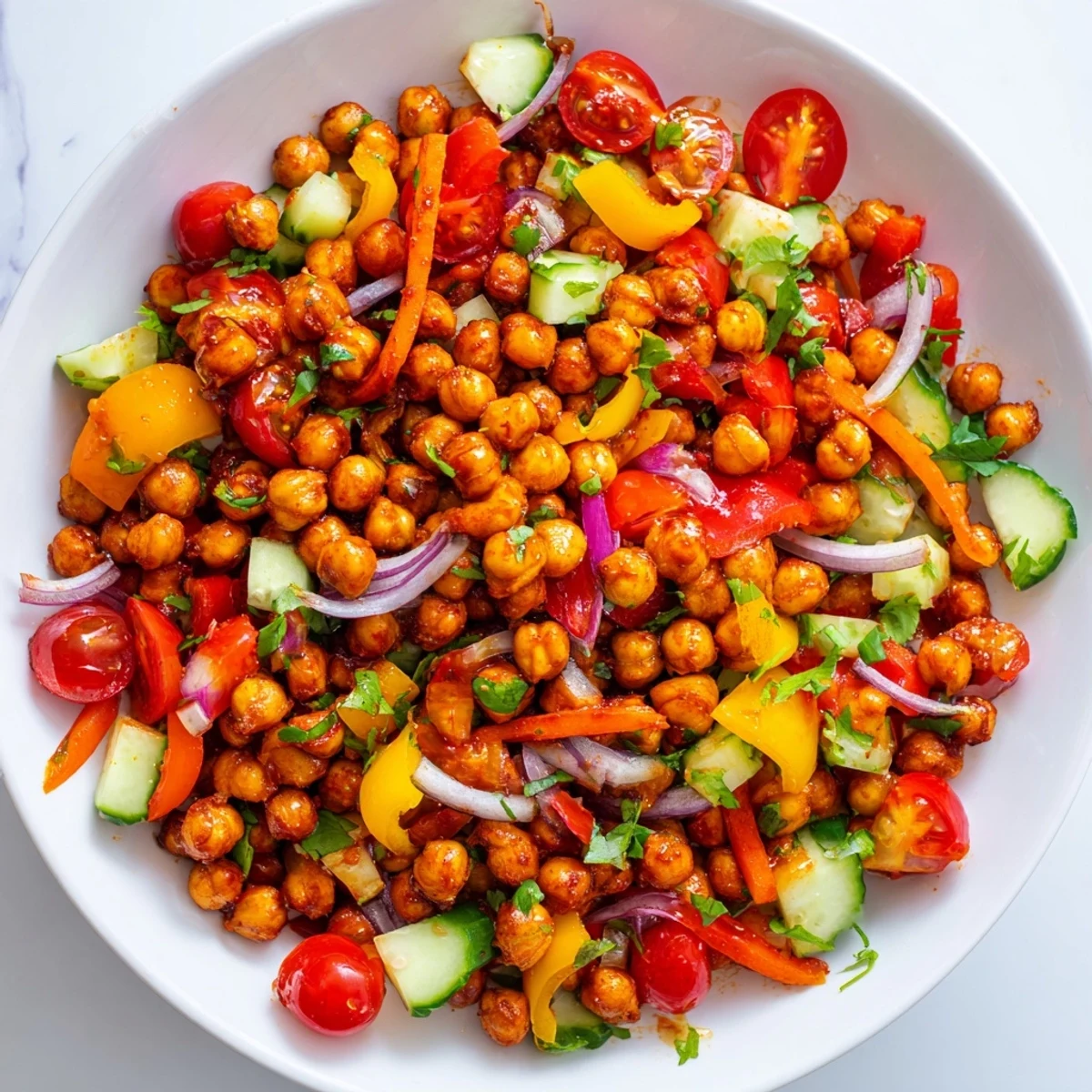 Smoky BBQ Chickpea Salad glistening with fresh veggies and a tangy dressing, ready to enjoy.