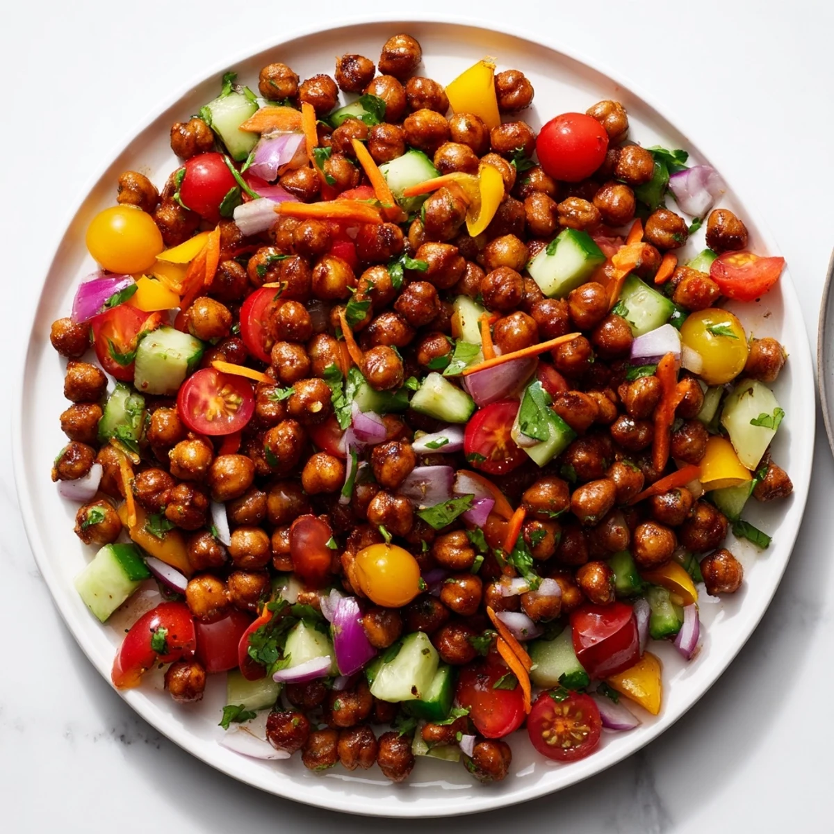 Close-up photo of a healthy BBQ Chickpea Salad, showcasing crisp cucumbers and juicy tomatoes.