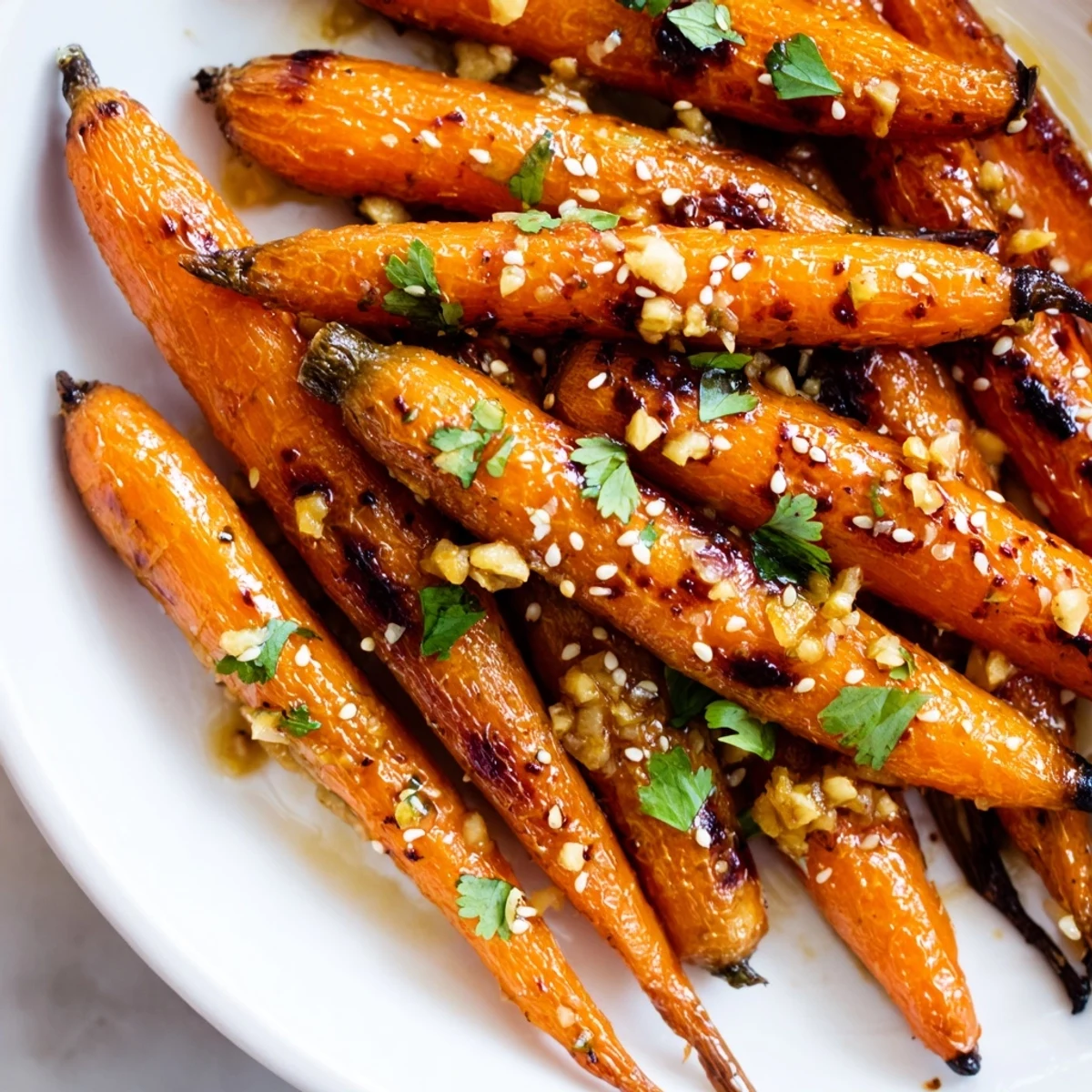 Warm, appetizing photo of Honey Soy Roasted Carrots, showing off the sweet and savory glaze.