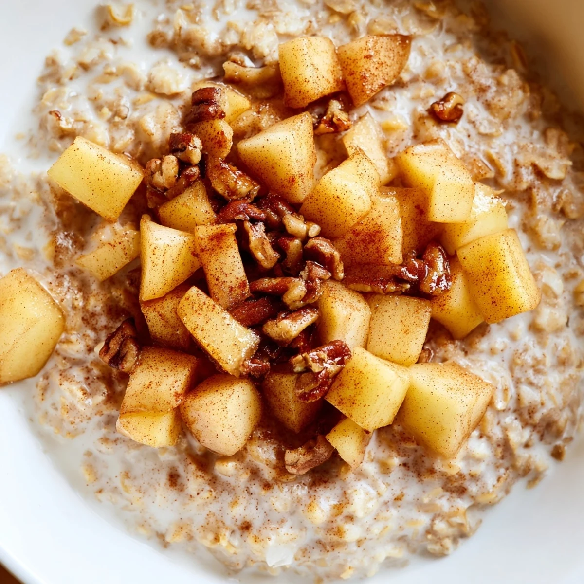Warm Apple Pie Oatmeal Bowl, topped with caramelized apples and toasted nuts, ready to eat.