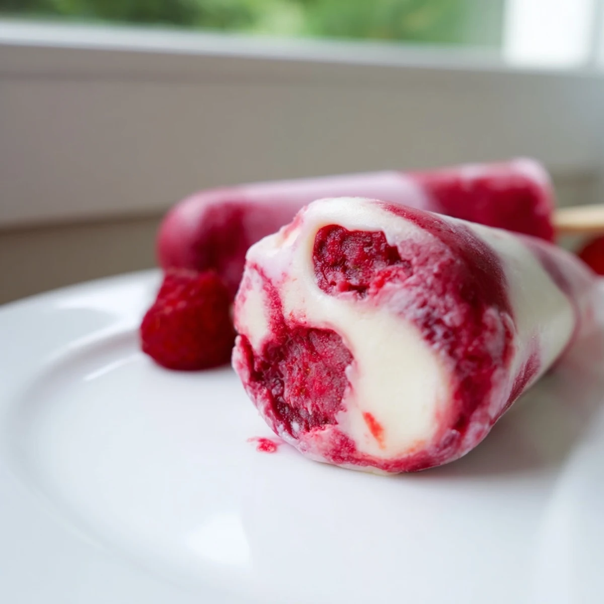 Frozen raspberry coconut ice pops, a sweet vegan treat with creamy coconut and berry layers.
