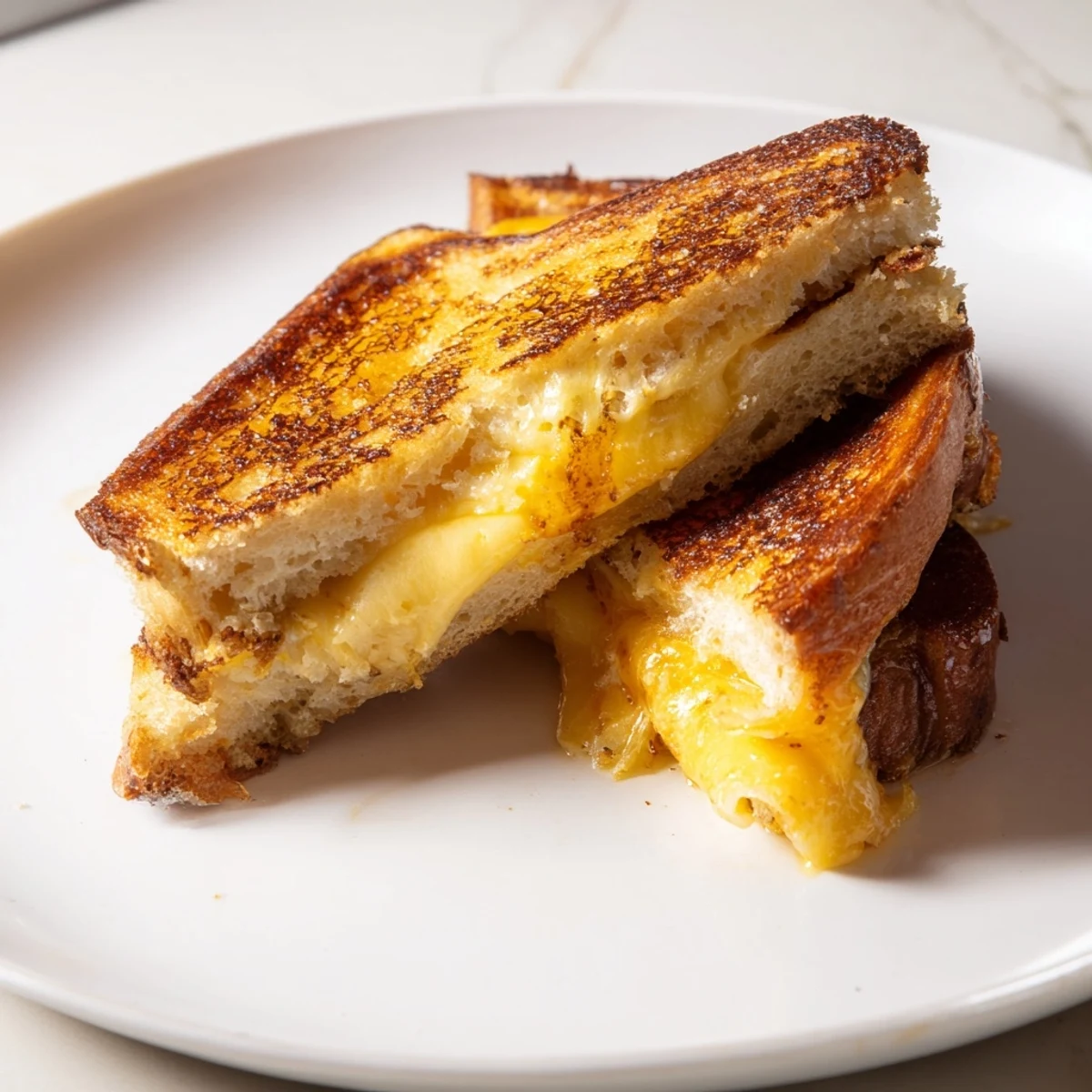 Perfectly cooked custard French toast grilled cheese, showcasing a warm, cheesy, and crispy sandwich.