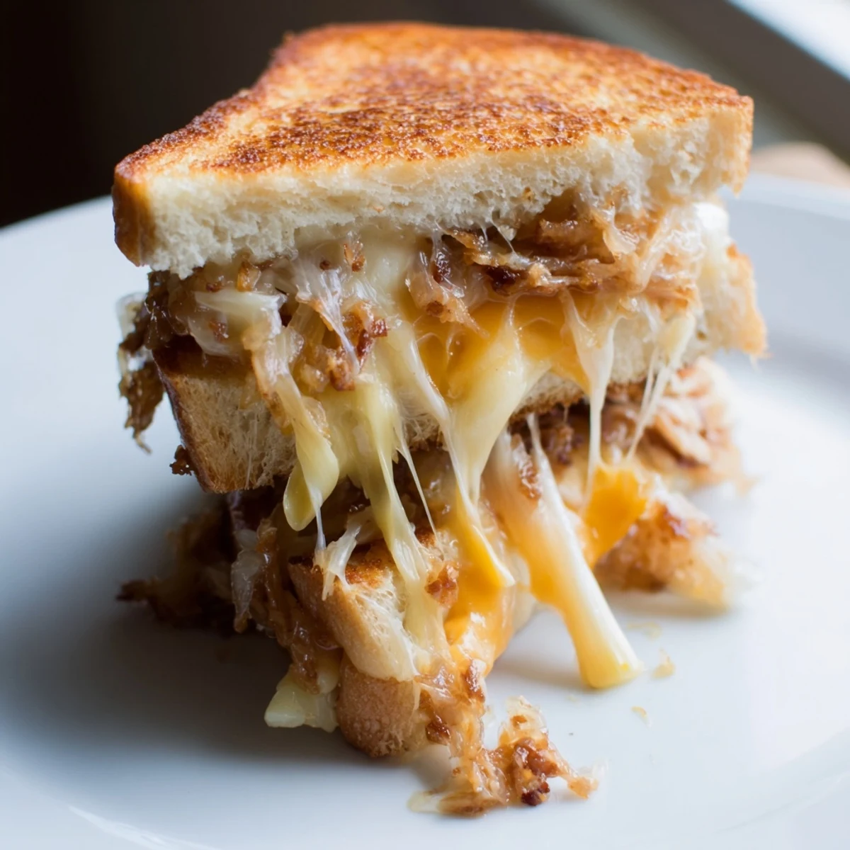 Golden-brown bacon jam grilled cheese oozing melted cheese, a comforting lunch ready to eat!