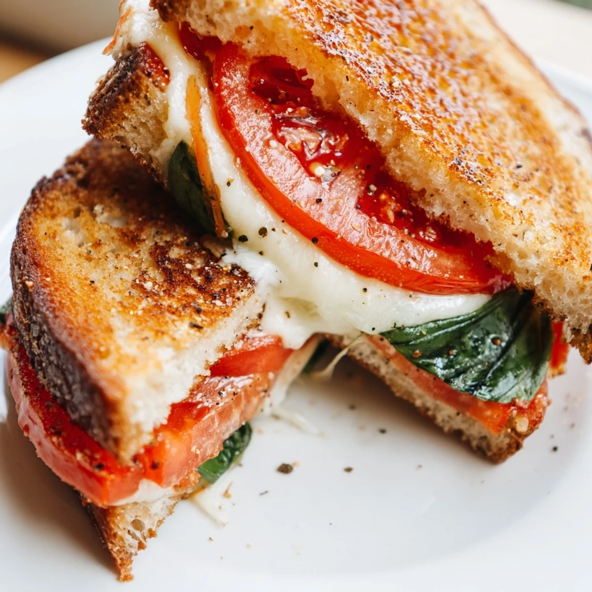 Golden, gooey tomato basil grilled cheese sandwich, with melted mozzarella and fresh basil inside.