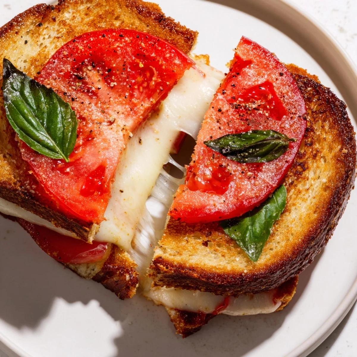 Warm, crispy tomato basil grilled cheese, featuring juicy tomatoes and basil, perfectly toasted.