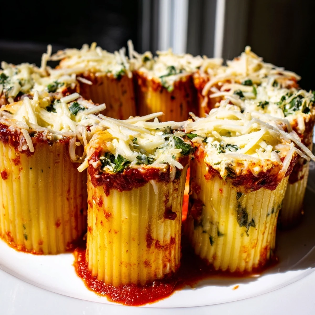 A close-up of a bubbling Honeycomb Pasta Bake, showcasing the melted mozzarella and rich marinara.