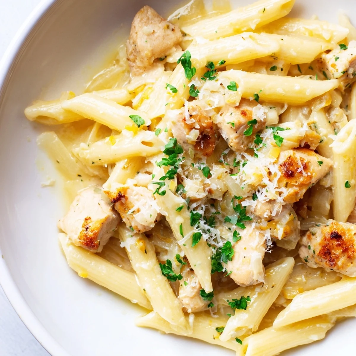 Vibrant photo of Quick Garlic Parmesan Chicken Pasta, featuring tender chicken in a rich, cheesy sauce.