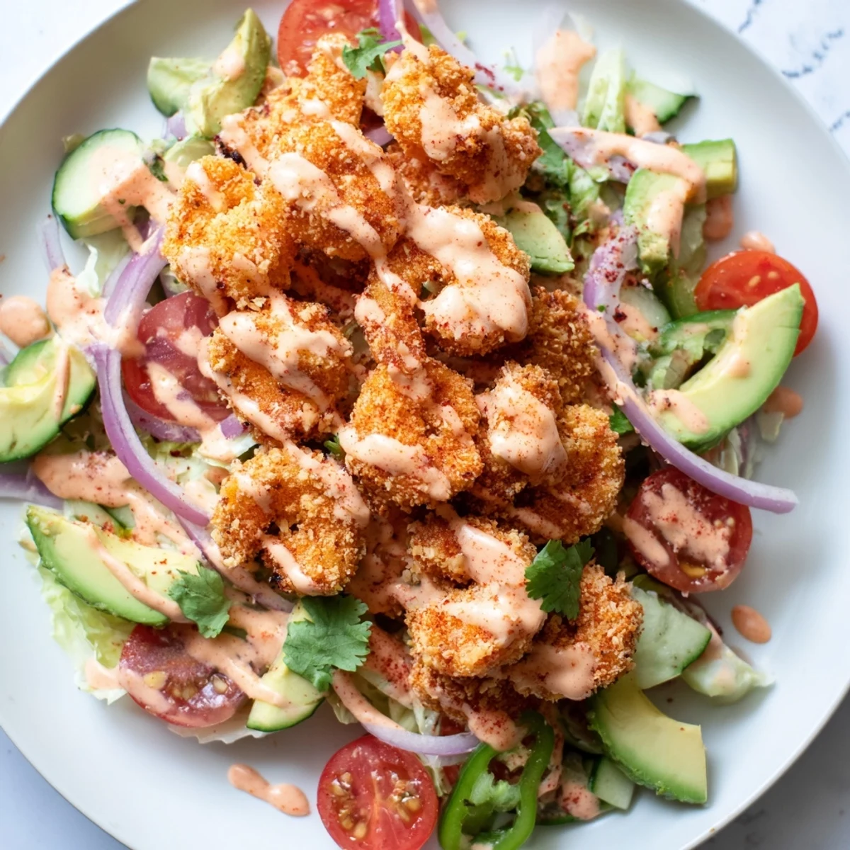 Golden fried, crispy shrimp salad piled high with fresh vegetables and creamy avocado.