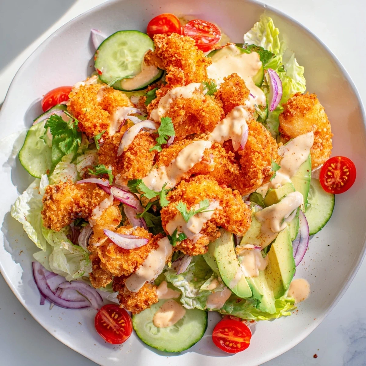 This flavorful spicy crispy shrimp salad is shown with a creamy sriracha-lime dressing drizzled on top ready to eat.