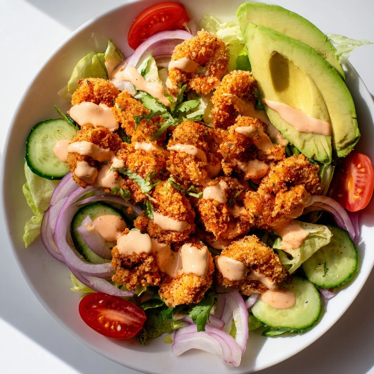 Close-up of a refreshing spicy crispy shrimp salad with bright red tomatoes, crunchy lettuce and perfectly cooked shrimp.