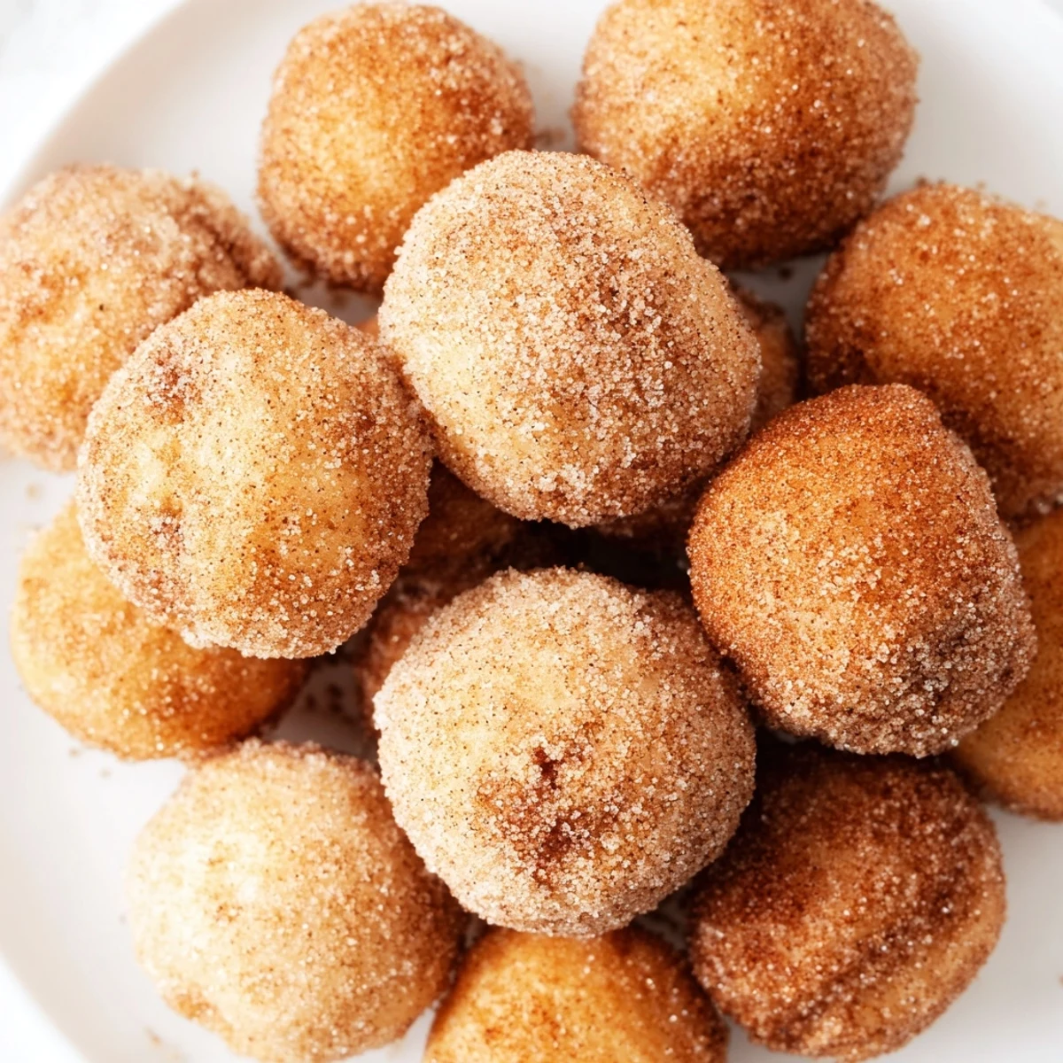 A close-up of delicious, miniature Air Fryer Cinnamon Donuts, coated and ready to eat fresh.