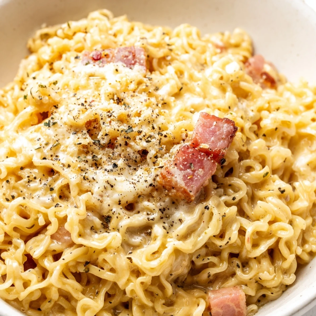 Steaming bowl of Ramen Carbonara Hack with creamy sauce and fresh parsley garnish, ready to enjoy.