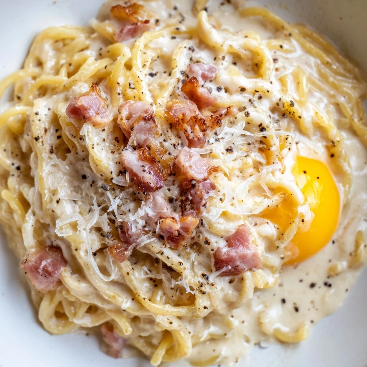 A close-up view of the savory Ramen Carbonara Hack, featuring noodles coated in a rich cheese sauce.