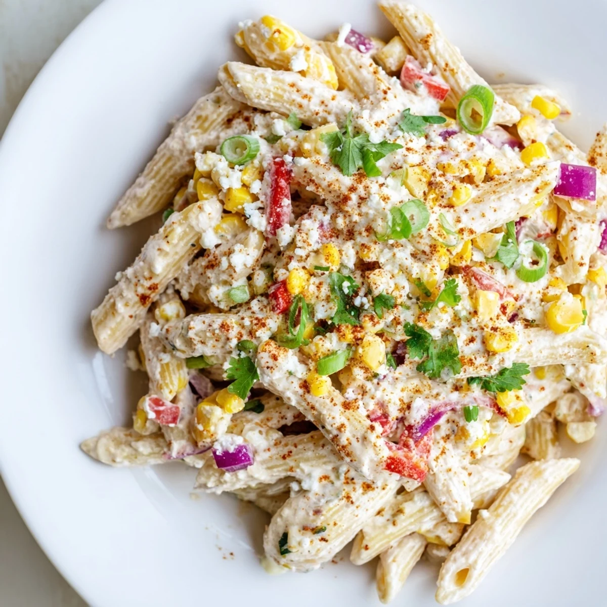 Refreshing and flavorful Mexican Street Corn Pasta salad with visible vegetables and a creamy sauce.