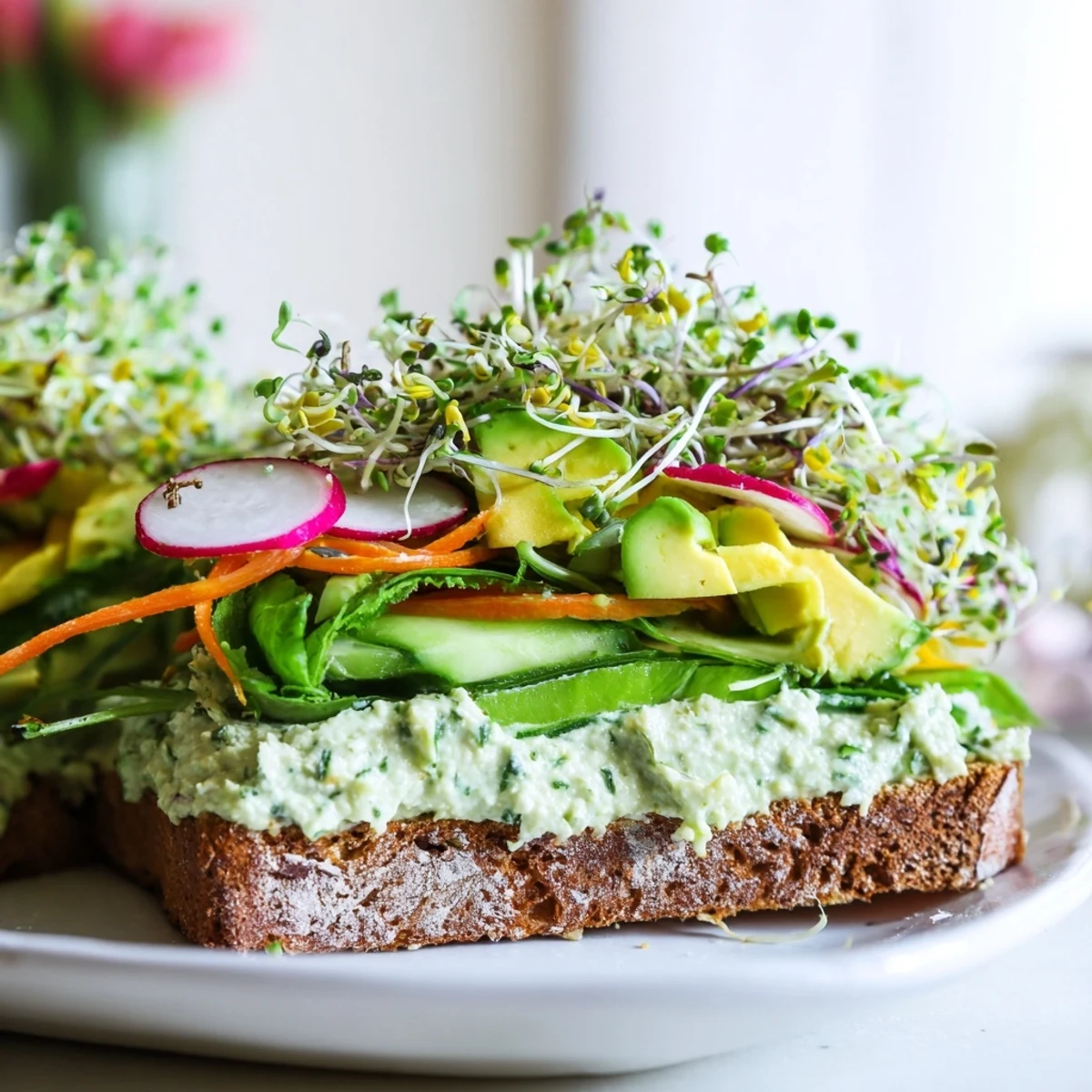 A close-up of a delicious Green Goddess Sandwich showcasing fresh, colorful fillings and herb-packed spread.
