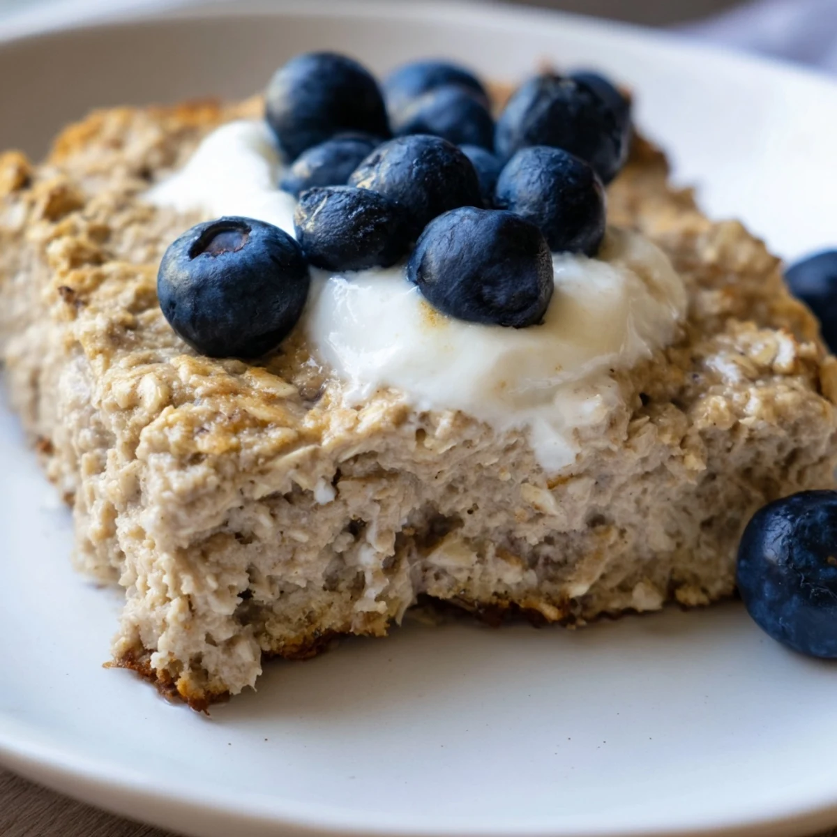 Fluffy Protein Pancake Oats, baked until golden, ready to be sliced, and served warm with fresh fruit.