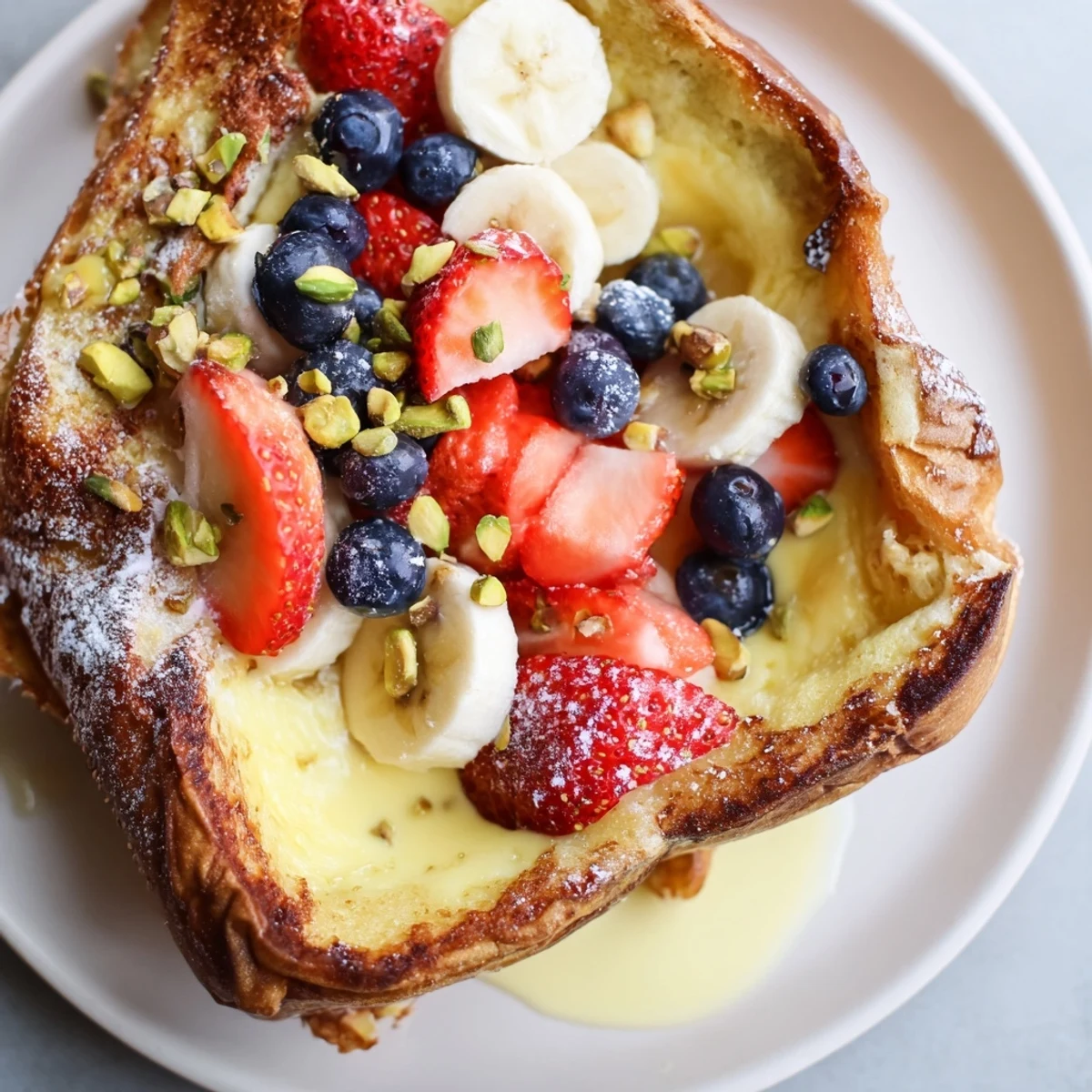 A close-up of beautifully baked Viral Yogurt Toast, highlighting the soft yogurt center and fresh fruit.