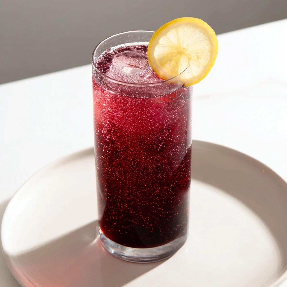 A frosty glass of Sleepy Girl Mocktail with a vibrant red hue, perfect for relaxing.