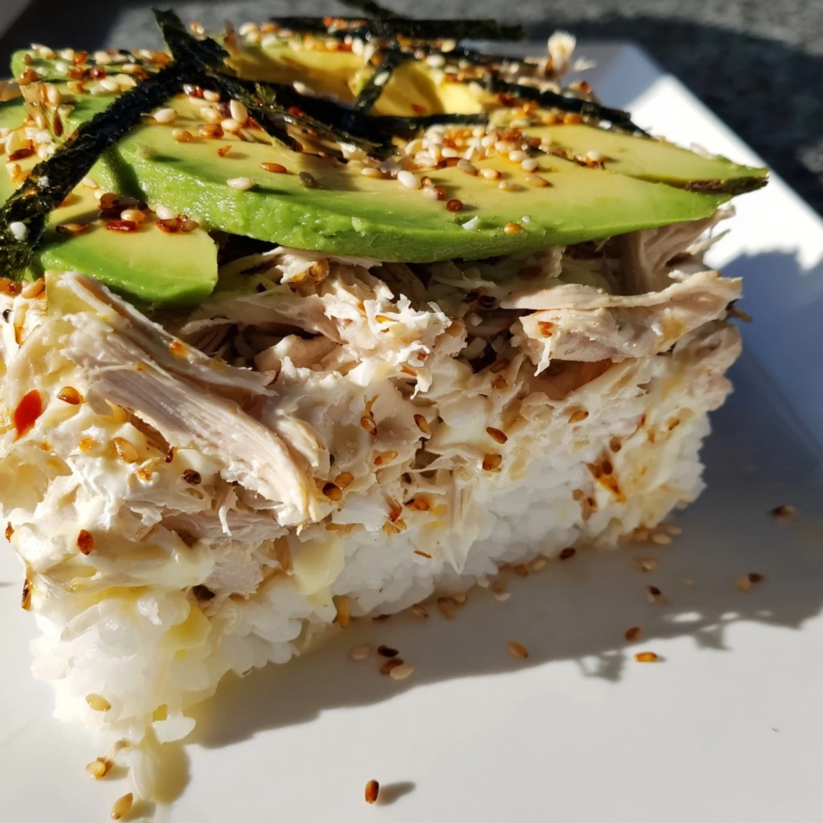 Golden-brown Chicken Sushi Bake, a comforting casserole with creamy chicken and seasoned rice.