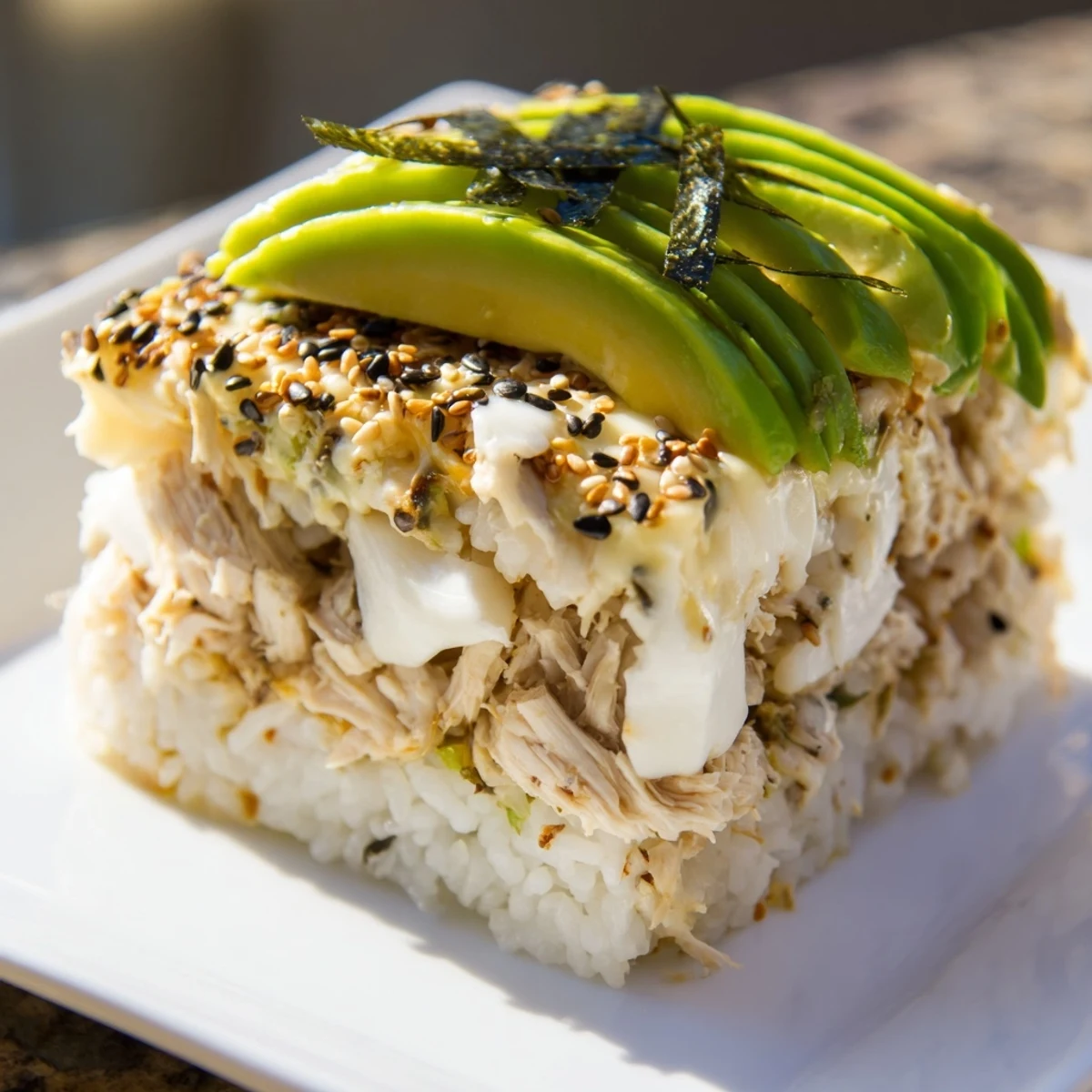 A hearty Chicken Sushi Bake with melted cheese, avocado slices, and crispy nori strips.