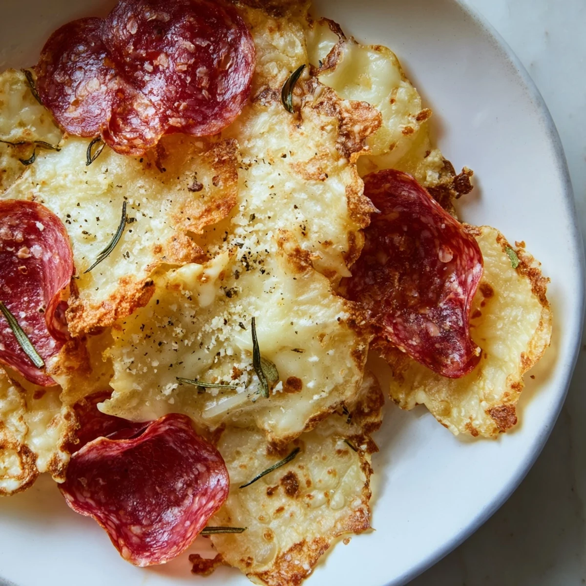 Crunchy charcuterie chips, the crispy result of baked meats and cheese, perfect for snacking and entertaining guests.