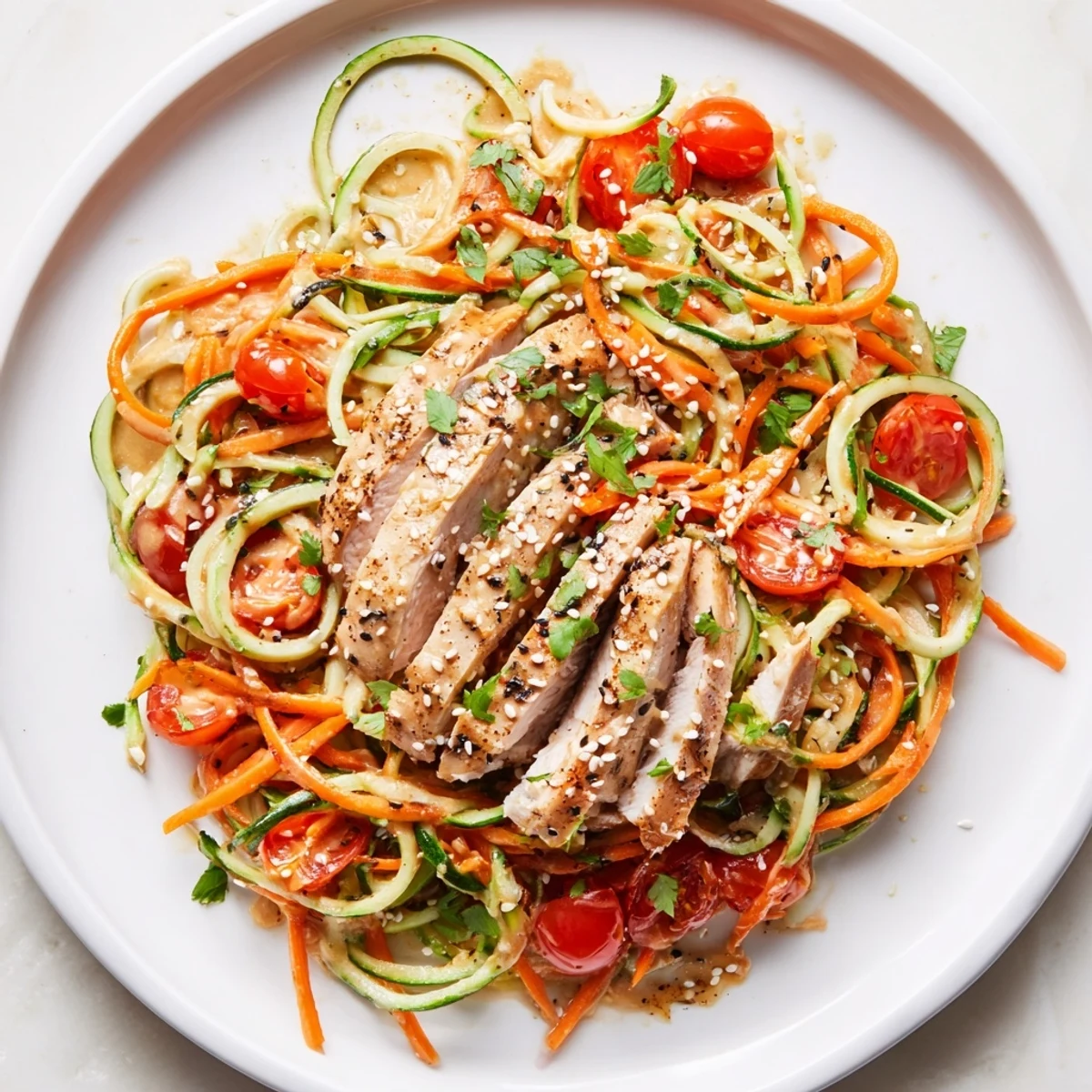 Freshly grilled chicken atop vibrant Protein Cucumber Salad, drizzled with sesame dressing.