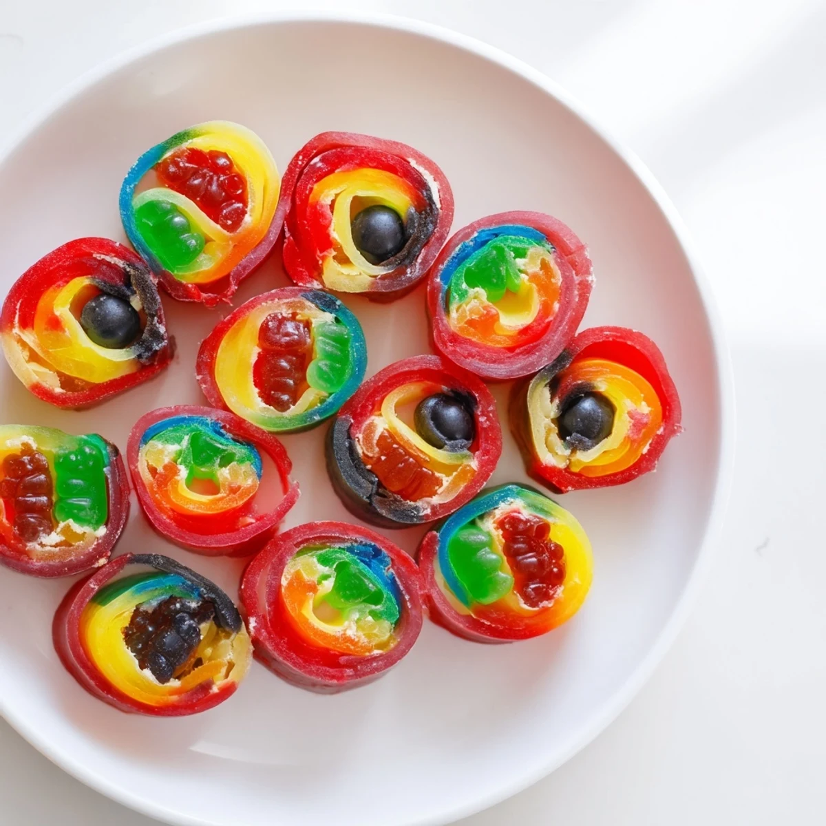 Close-up of Rainbow Candy Roll Ups: a delightful dessert with layered fruit roll-ups and colorful gummy filling.