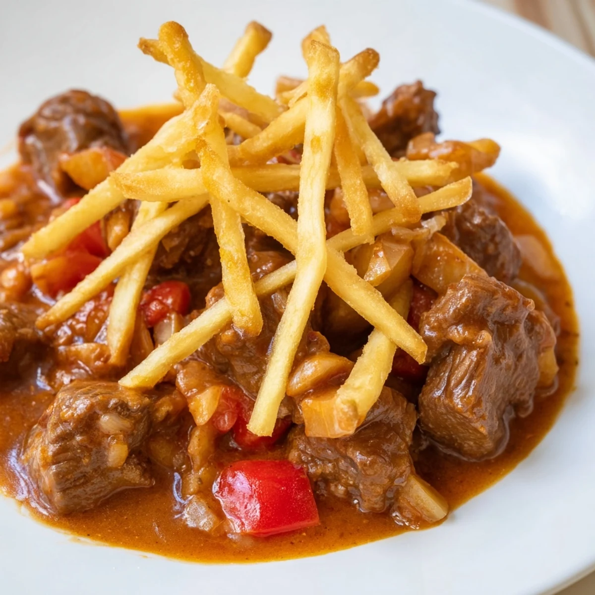 Tender beef Czech Goulash Potato, simmering in a rich paprika sauce, served with golden crispy potato strips.