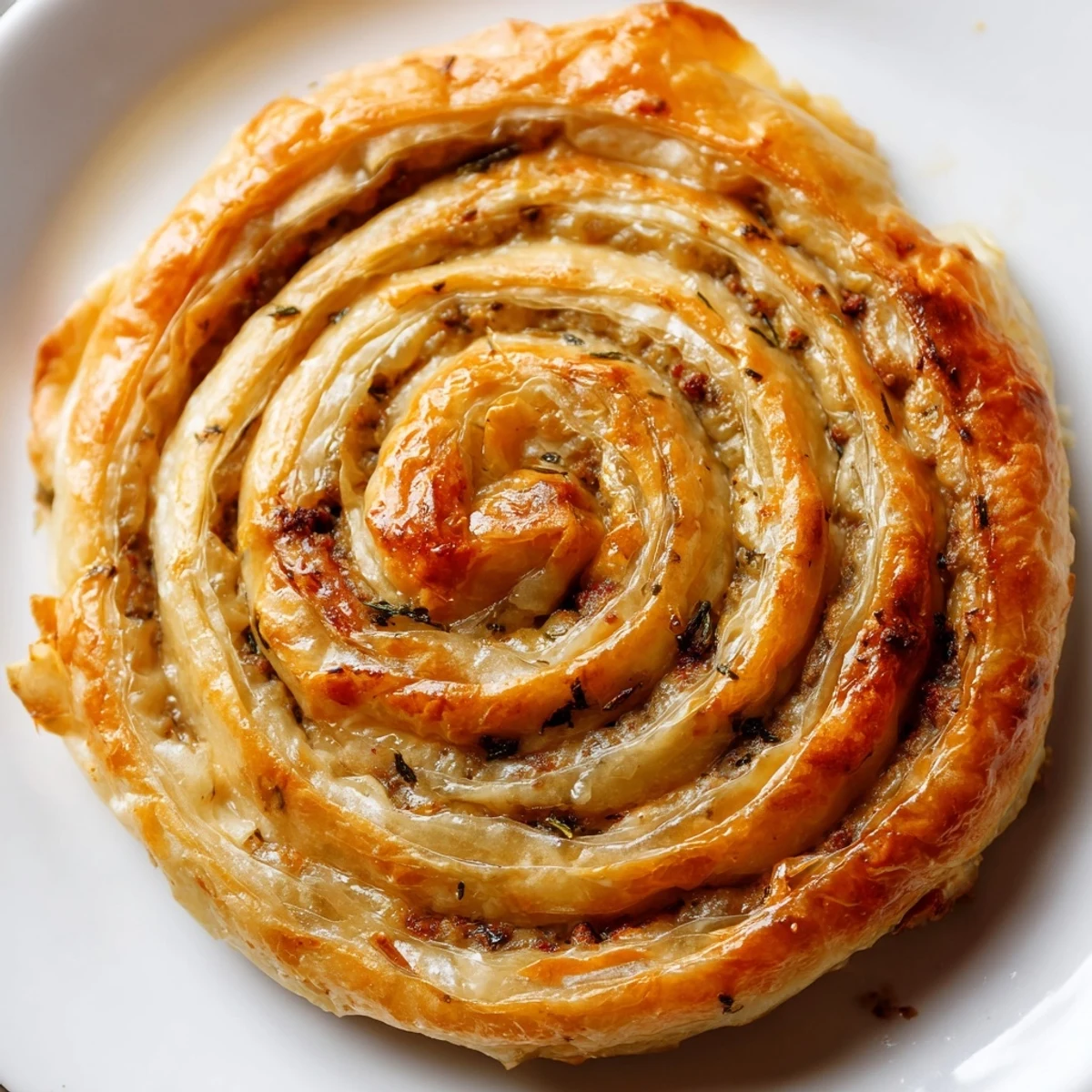 Golden-brown, flaky Bosnian Burek pastry filled with savory meat and spinach, ready to serve.