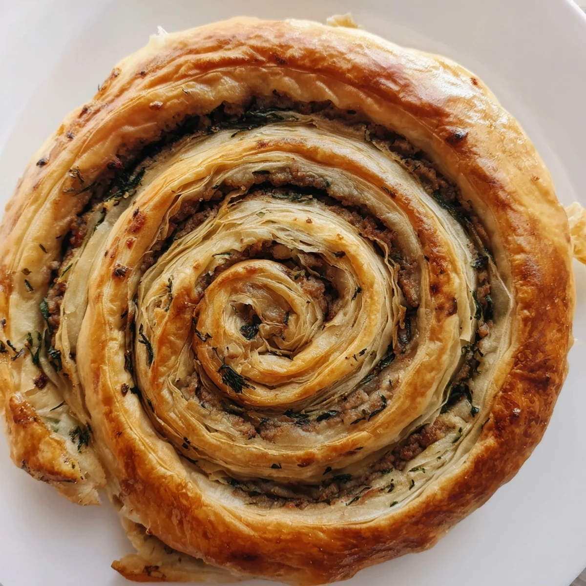 Freshly baked Bosnian Burek, sliced to reveal a flavorful meat and spinach filling, ready to enjoy.