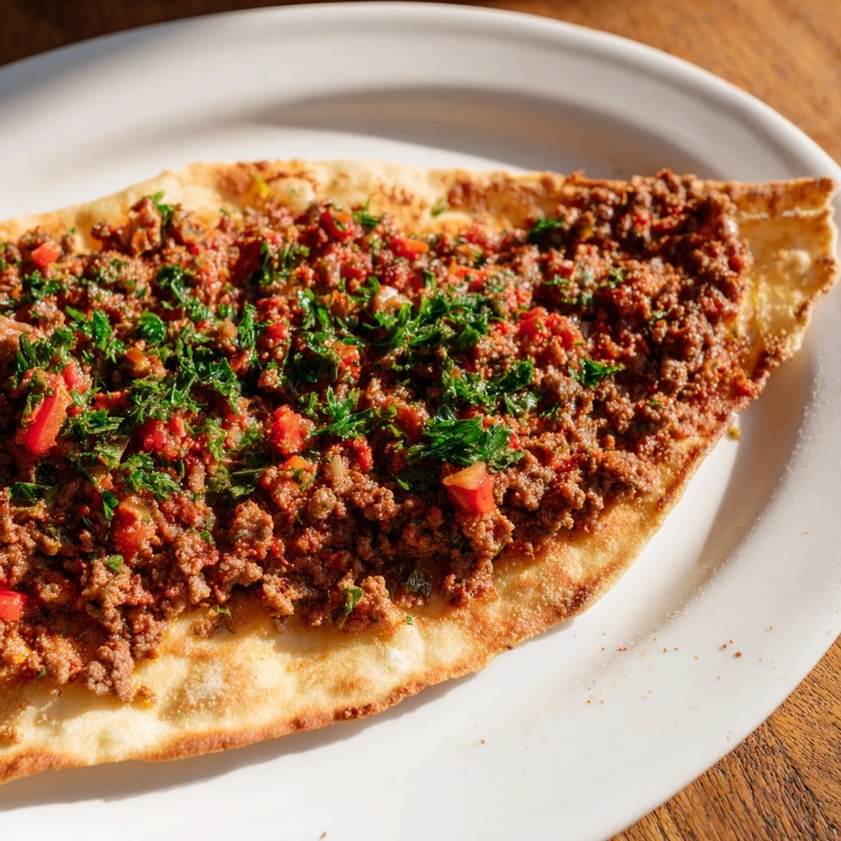 Crispy homemade Turkish Lahmacun flatbread topped with savory spiced meat, ready to eat.