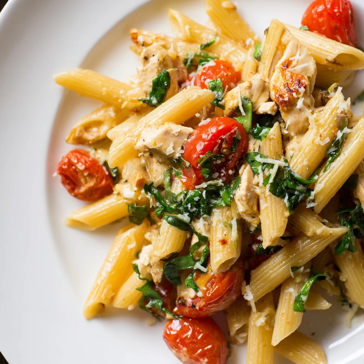 Sizzling One-Pan Lemon Herb Pasta Chicken with golden-brown chicken, vibrant tomatoes, and wilted spinach in a creamy lemon sauce.