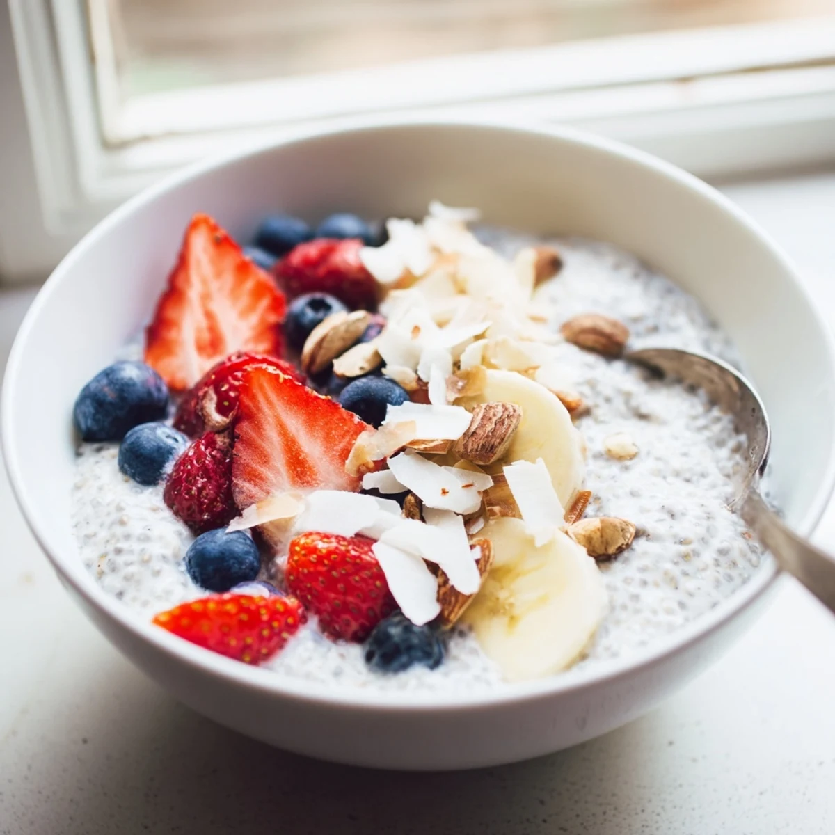 Healthy chia seed pudding breakfast bowl with mango and a drizzle of maple syrup.